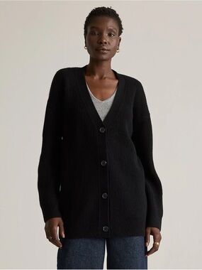 QUINCE 100% Mongolian Cashmere Oversized Boyfriend Cardigan Sweater Black L